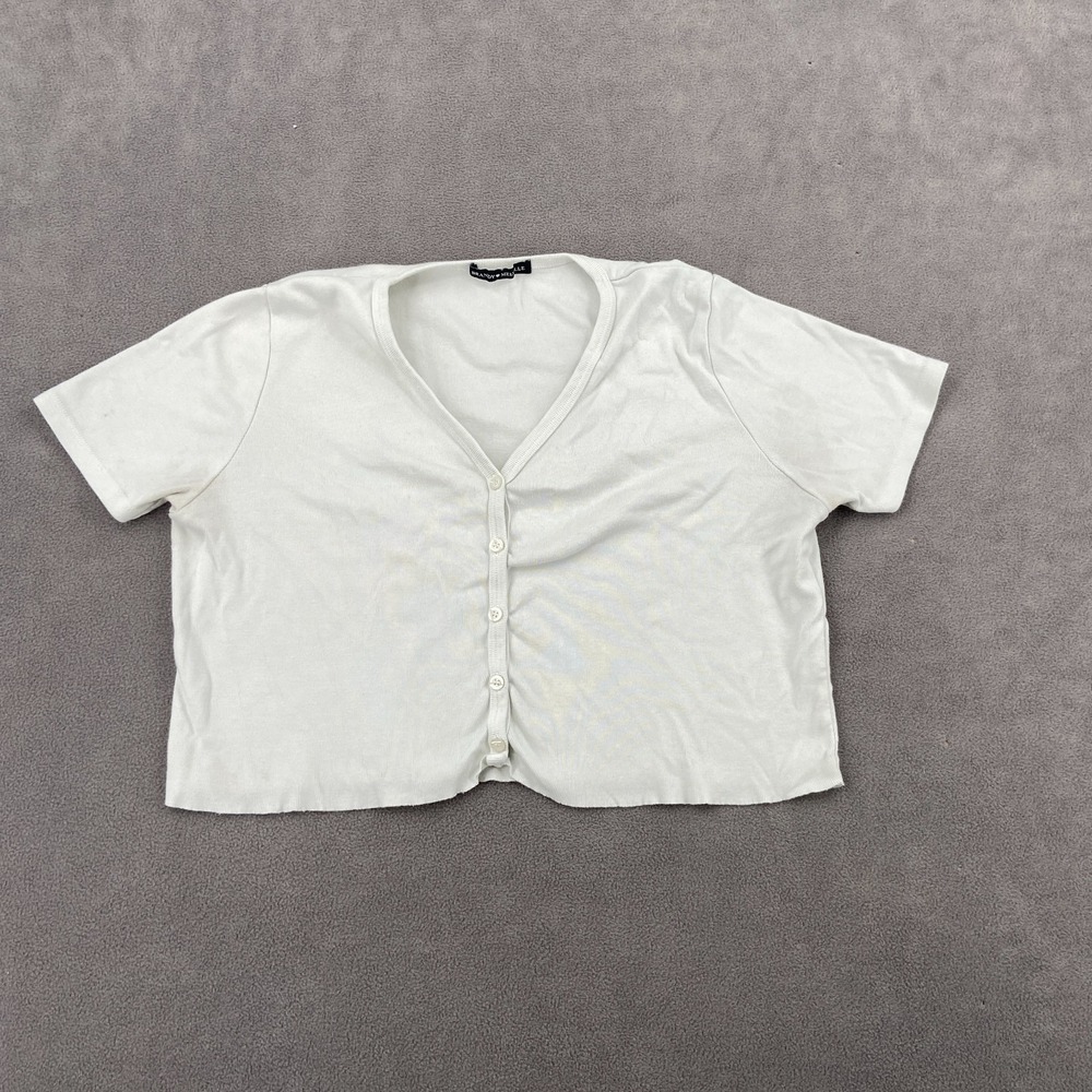 Brandy Melville Ribbed Shirt Top Womens White Cropped Short Sleeve‎ Button Front